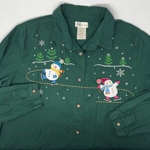Vintage Bobbie Brooks Embroidered Snowman 90s Christmas Button Shirt Women 18/20